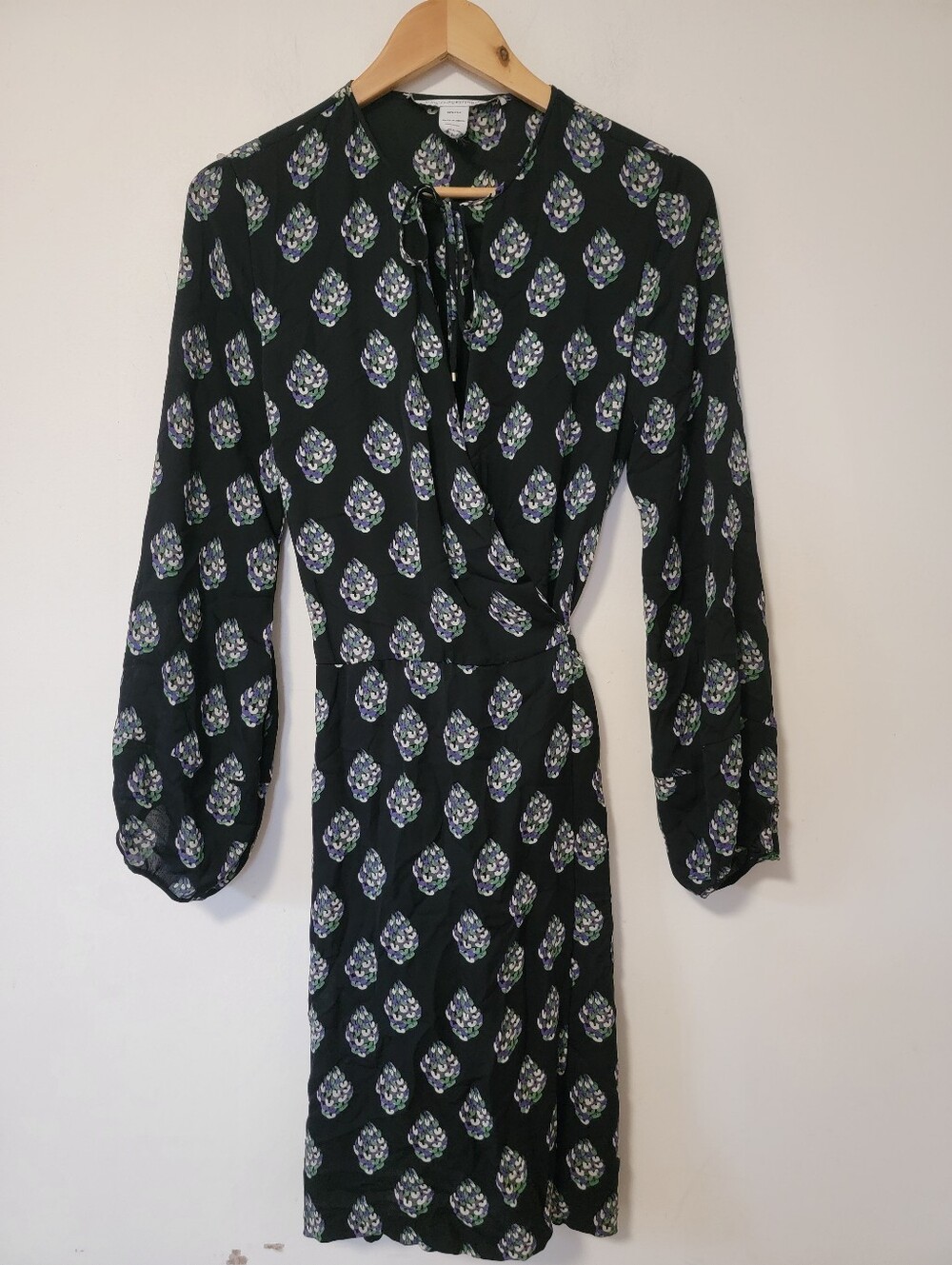 Diane Von Furstenberg Silk Black Floral Wrap Dress with Tie Neck